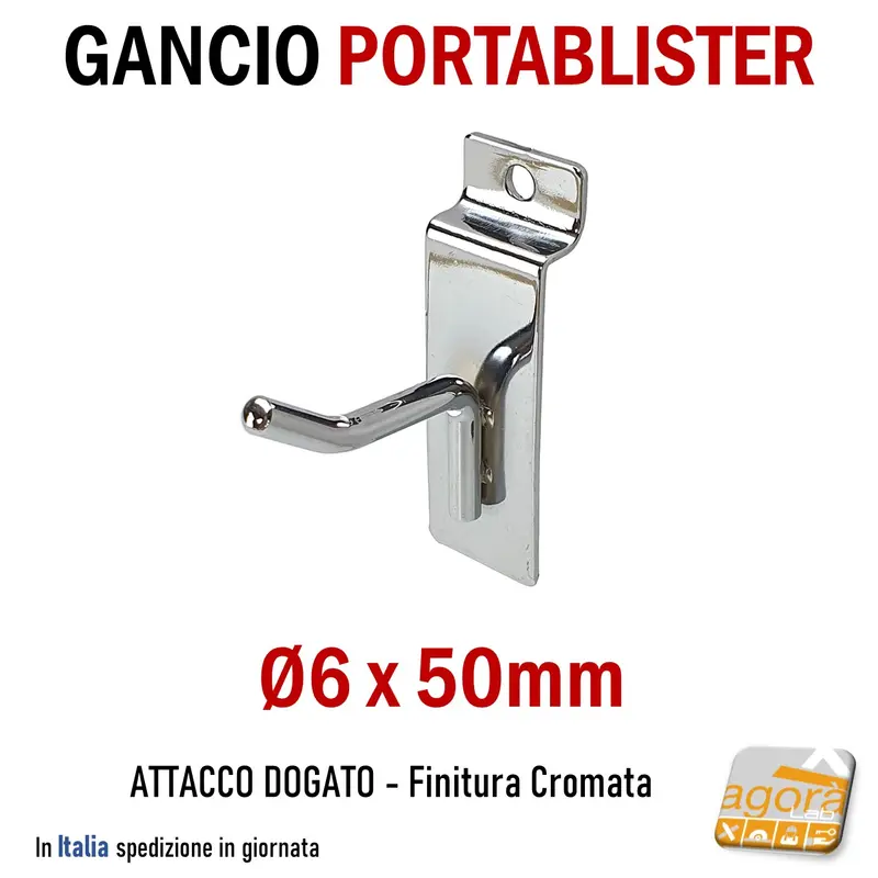 10pz GANCI GANCIO PORTABLISTER 5 CM CROMATI PER PANNELLO DOGATO ARREDAMENTO NEGOZI.