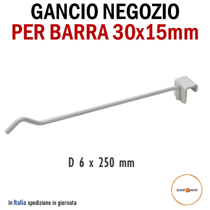 10pz GANCIO GANCI CM.25 ATTREZZATURA NEGOZIO x barra 30x15 filo D6 B.CO USATO.
