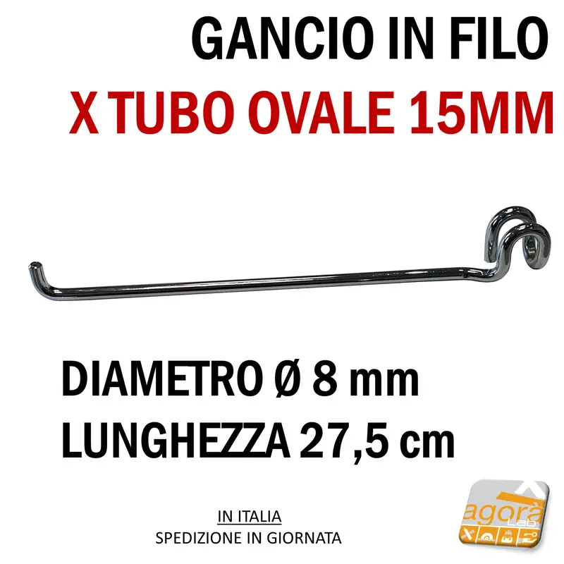 10Pz GANCIO IN FILO Ø 8 x 275mm X TUBO OVALE 15MM CR ESPOSIZIONE NEGOZIO PORTABLISTER