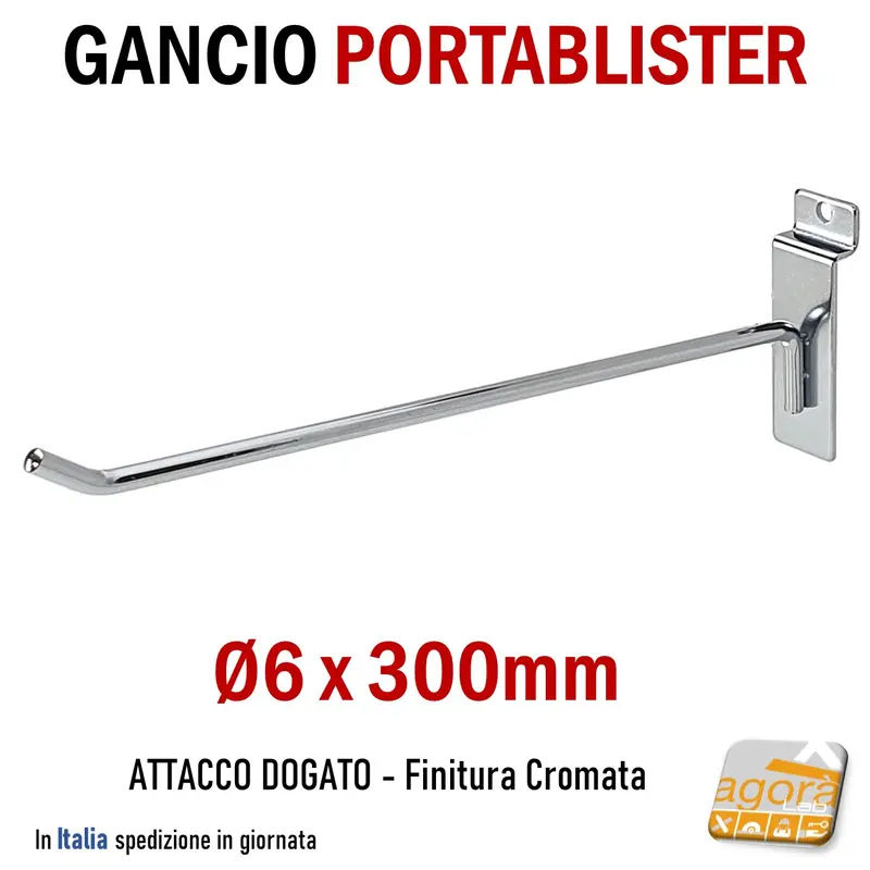 10pz GANCIO PORTABLISTER 30 CM CROMATO PER PANNELLO DOGATO GANCI ARREDAMENTO NEGOZI