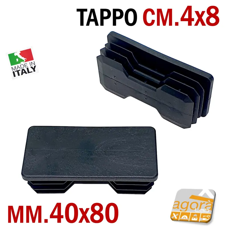 10pz TAPPI TAPPO RETTANGOLARE 40x80mm NERO PUNTALE PLASTICA H 6mm cm 8x4