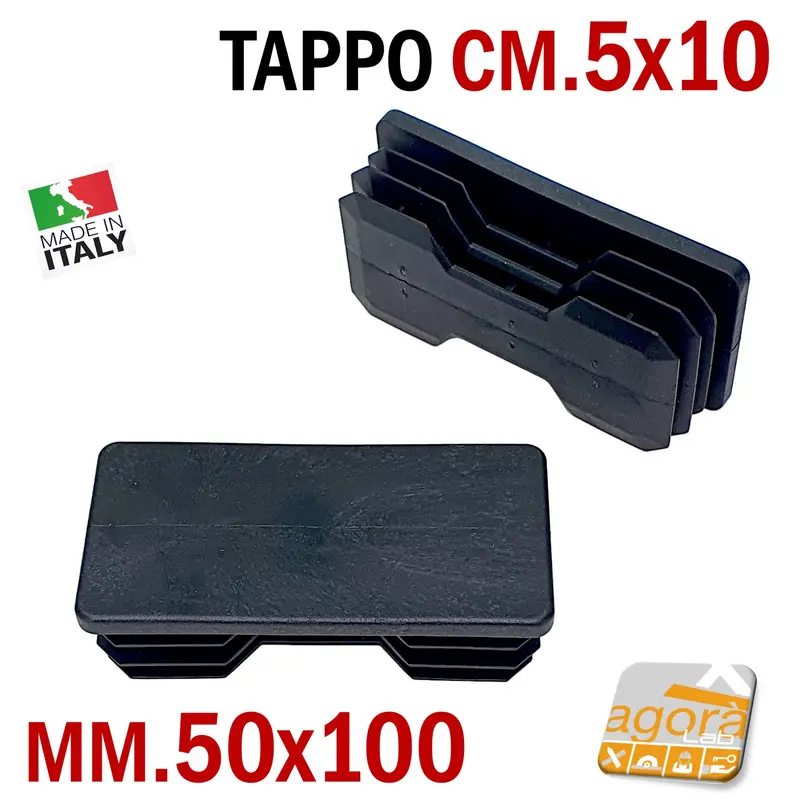 10pz TAPPO RETTANGOLARE mm 50x100 NERO PUNTALE PLASTICA cm 10x5 SOTTOPIEDE ALETTATO TAPPI NERI