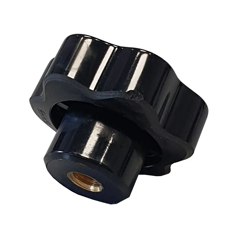 1pz VOLANTINO FILETTATO FEMMINA M 8 mm 6 LOBI D41x28H PLASTICA NERA BUSSOLA OTTONE.