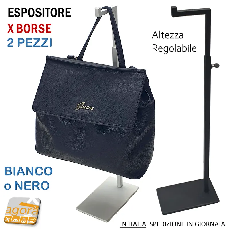 2Pz ESPOSITORE DA BANCO PER BORSE CON BASE REGOLABILE CM.10x16 H45-67 Bianco-Nero
