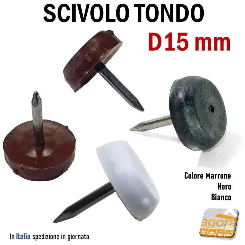 32-200pz PIEDINO SCIVOLO CON CHIODO PLASTICA D15 NERO BIANCO SOTTOSEDIA X MOBILI FELTRO