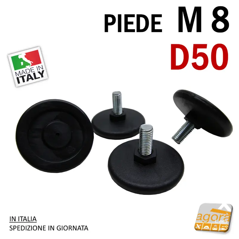 4-50pz PIEDINO REGOLABILE D 50 FILETTATO M8 IN PLASTICA NERA X TAVOLI TELAI.