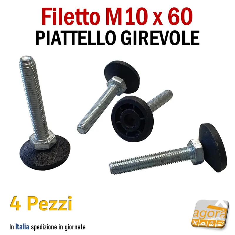 4pz PIEDI PIEDINO REGOLABILE D 37 FILETTATO M10x60MM PIATTELLO GIREVOLE L78