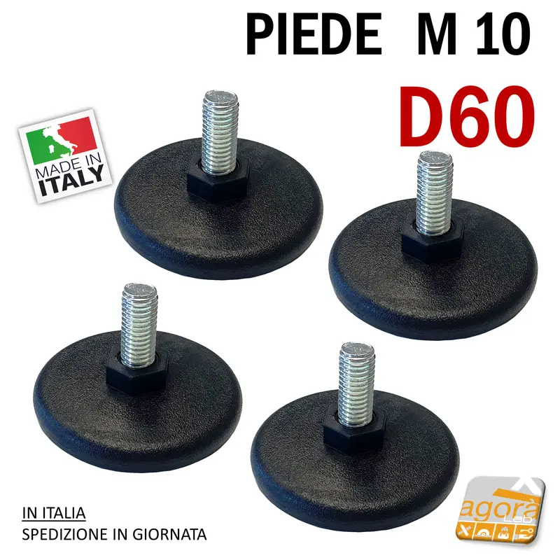 4pz PIEDI PIEDINO REGOLABILE D60 FILETTATO M10x22MM IN PLASTICA NERA X TAVOLI TELAI.