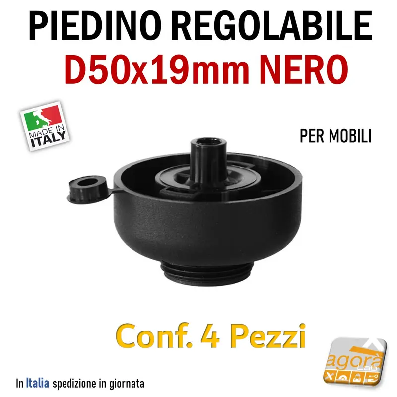 4pz PIEDINO REGOLABILE D 50x19MM PER MOBILE IN PLASTICA NERA PIEDE