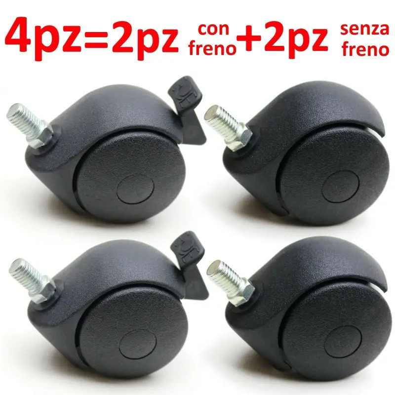4PZ RUOTE C/PERNO FILETTATO M10 X 15MM RUOTA CON FRENO SENZA FRENO GIREVOLE D.50mm NERA