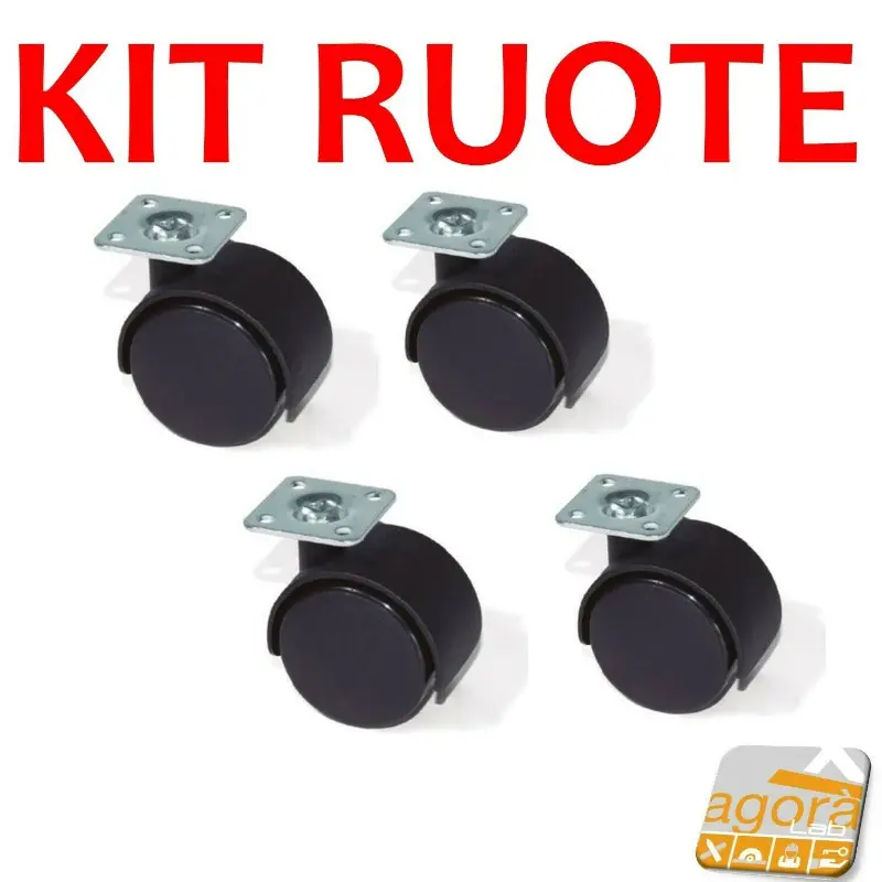 4pz RUOTE RUOTA CON PIASTRA GIREVOLE DIAM. 40MM PLASTICA NERA H 5,5CM PORTATA 30KG