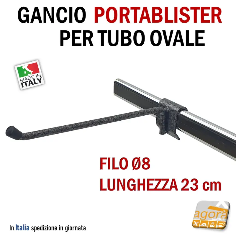 5pz GANCI PORTABLISTER IN FILO D8 x 23cm ATTACCO BARRA OVALE 30x15 - 35x15 GRIGIO ATTREZZATURA NEGOZIO