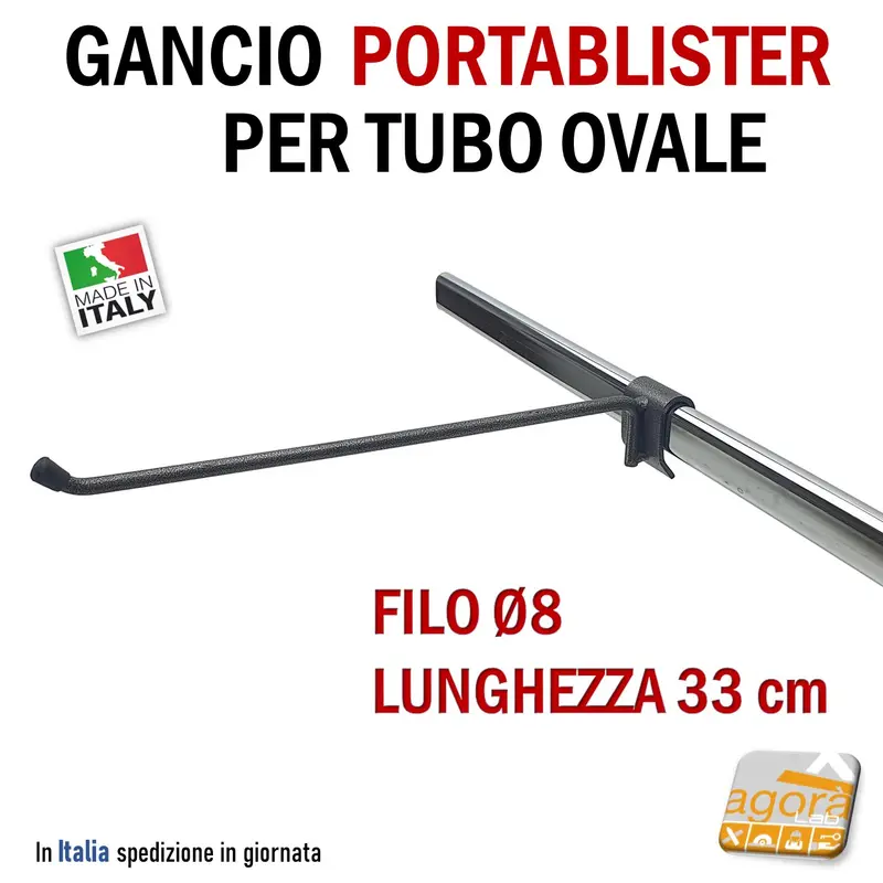 5pz GANCI PORTABLISTER IN FILO D8 x 33cm ATTACCO BARRA OVALE 30x15 - 35x15 GRIGIO ATTREZZATURA NEGOZIO