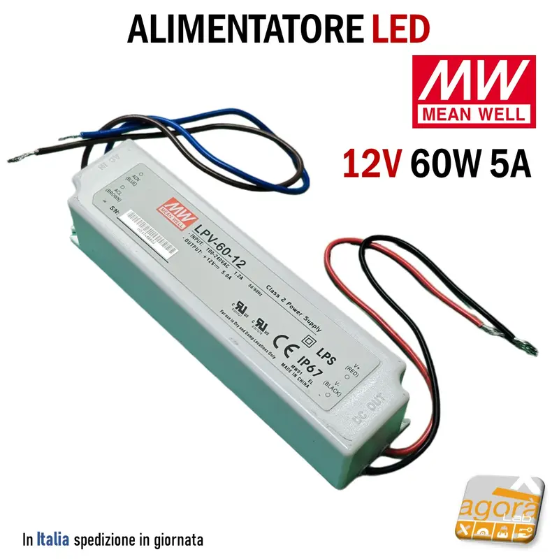 ALIMENTATORE STRIP LED 12V 60W 5A MeanWell LPV-60-12 IP67 RICOND.