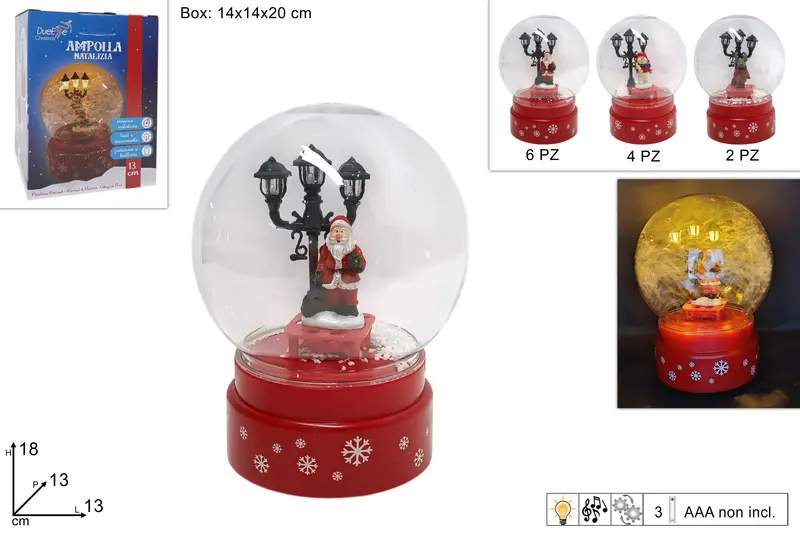 AMPOLLA PLASTICA 13 CM C/LUCE E MOVIMENTO NEVE 3 ASS