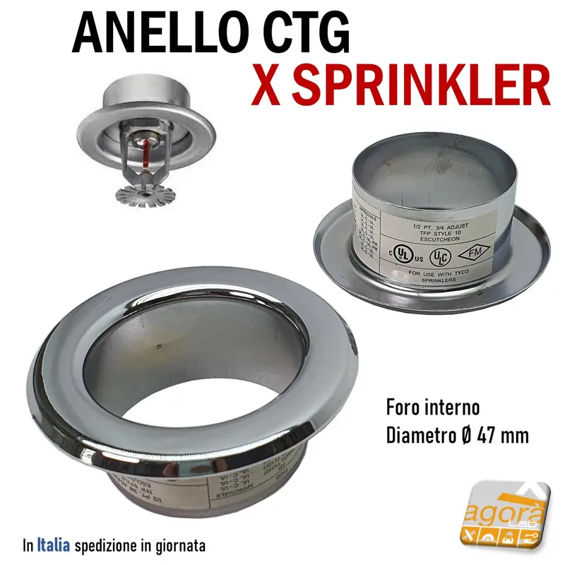 ANELLO COPRI SPRINKLER SOFFITTO CARTONGESSO TYCO INT Ø47 EST Ø73 CROMATO 1/2" 3/4" TFP STYLE 10