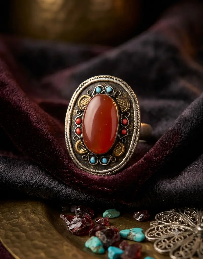 Anello etnico in argento con corniola, corallo e turchese - Antiquariato indiano artigianale