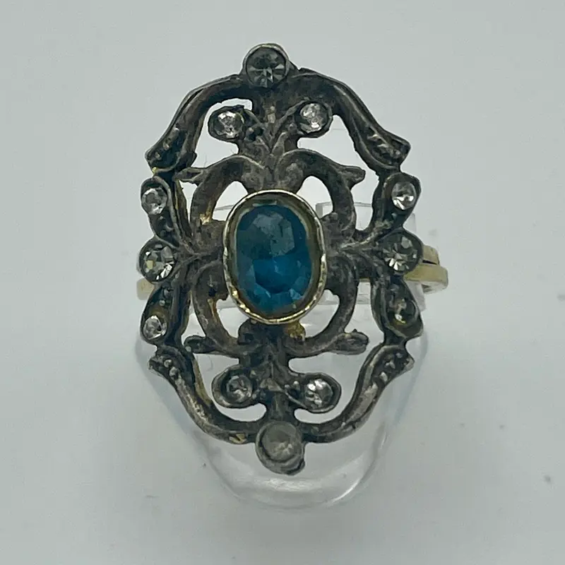 Anello pietra blu floreale argento 800 Italia 1950 ca
