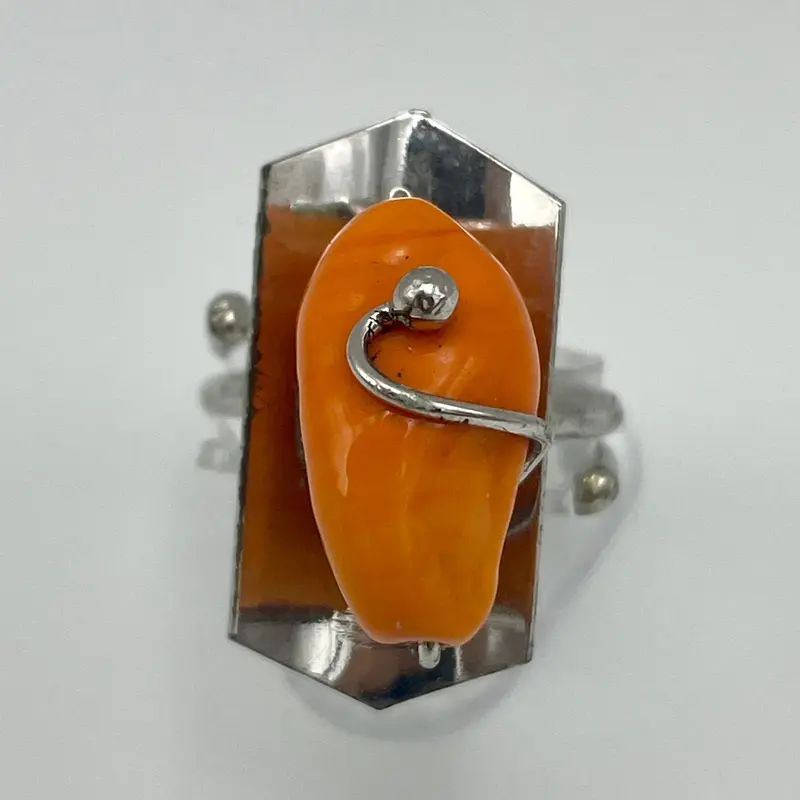 Anello pietra dura arancione argento 800 Italia 1970 ca