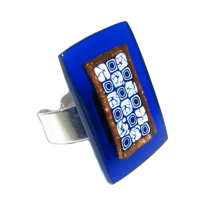 Anello Rettangolare Scacchiera in Vetro di Murano montatura Argento 925