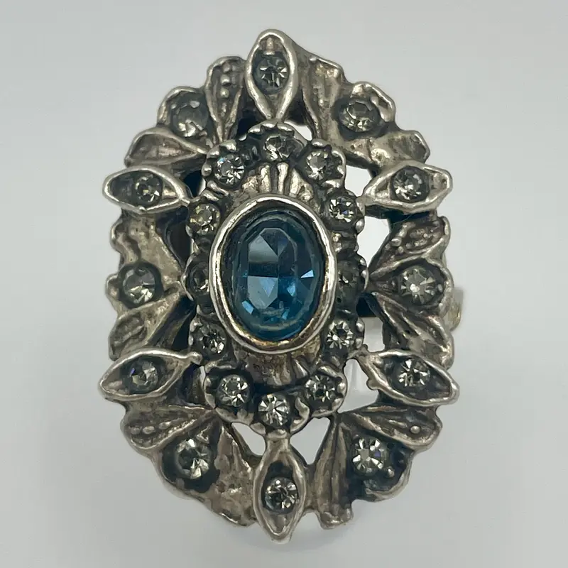 Anello topazio blu floreale argento 800 Italia 1960 ca