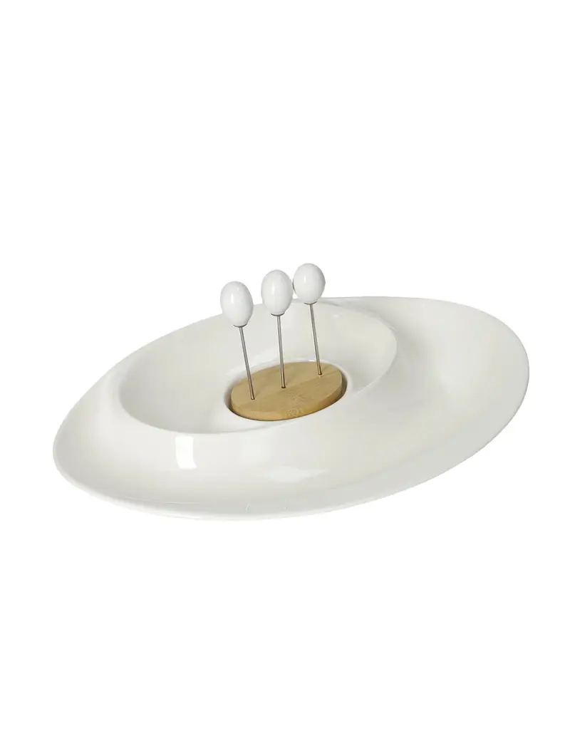 ANTIPASTIERA ANDROMEDA PORCELLANA/BAMBOO C/3 FORCH INOX