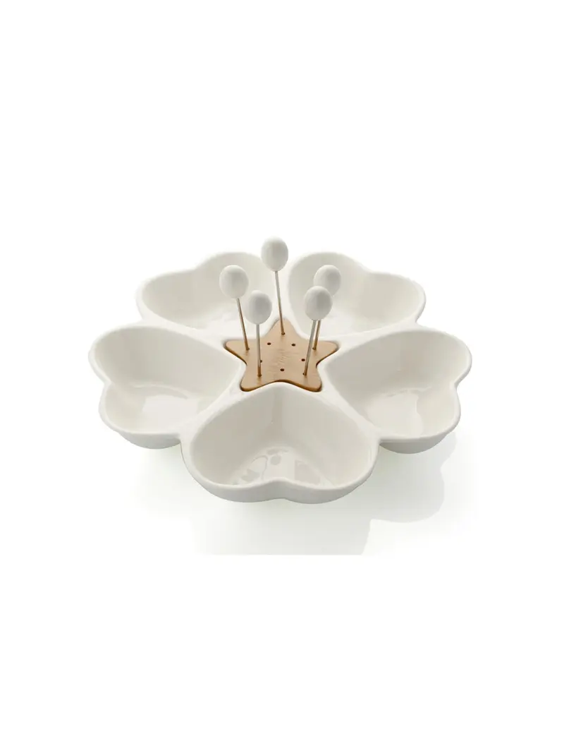 ANTIPASTIERA MILLE CUORI PORCBIANCA/BAMBOO C/5 FORC INOX