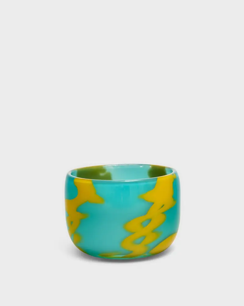 Aqua Bowl or Low Vase with Yellow Strokes