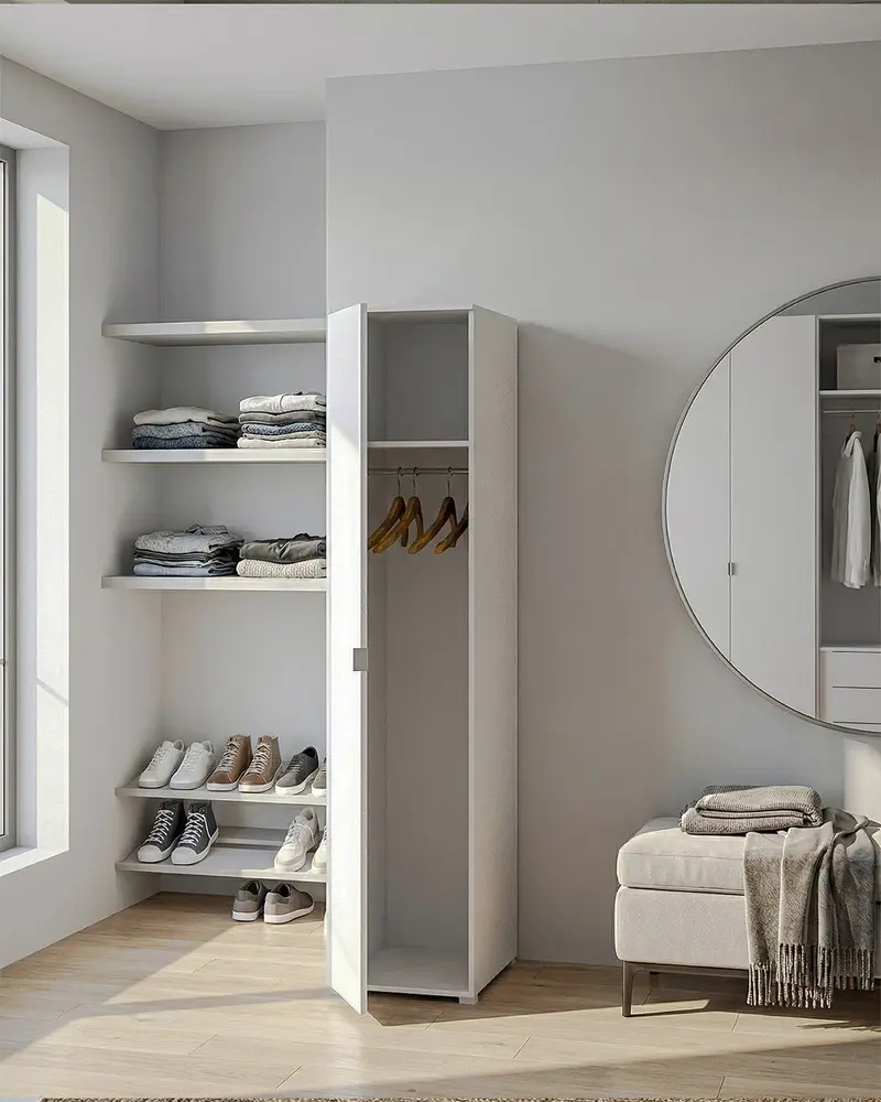 Armadio Banyan - Guardaroba moderno - 1 anta - Struttura bianca - 1 ripiano incluso - 40 x 52 x 177 cm