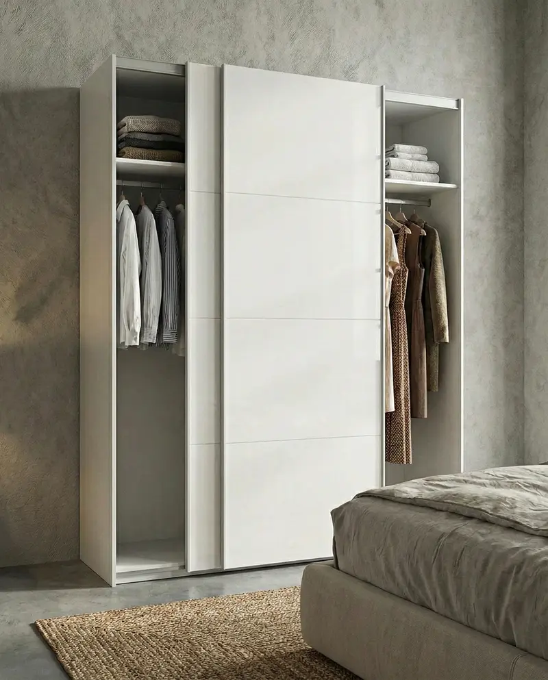 Armadio Barcellona - Guardaroba scorrevole moderno - 2 ante - Struttura bianca lucida - 2 ripiano incluso - L. 180 x H. 204 x P. 65 cm