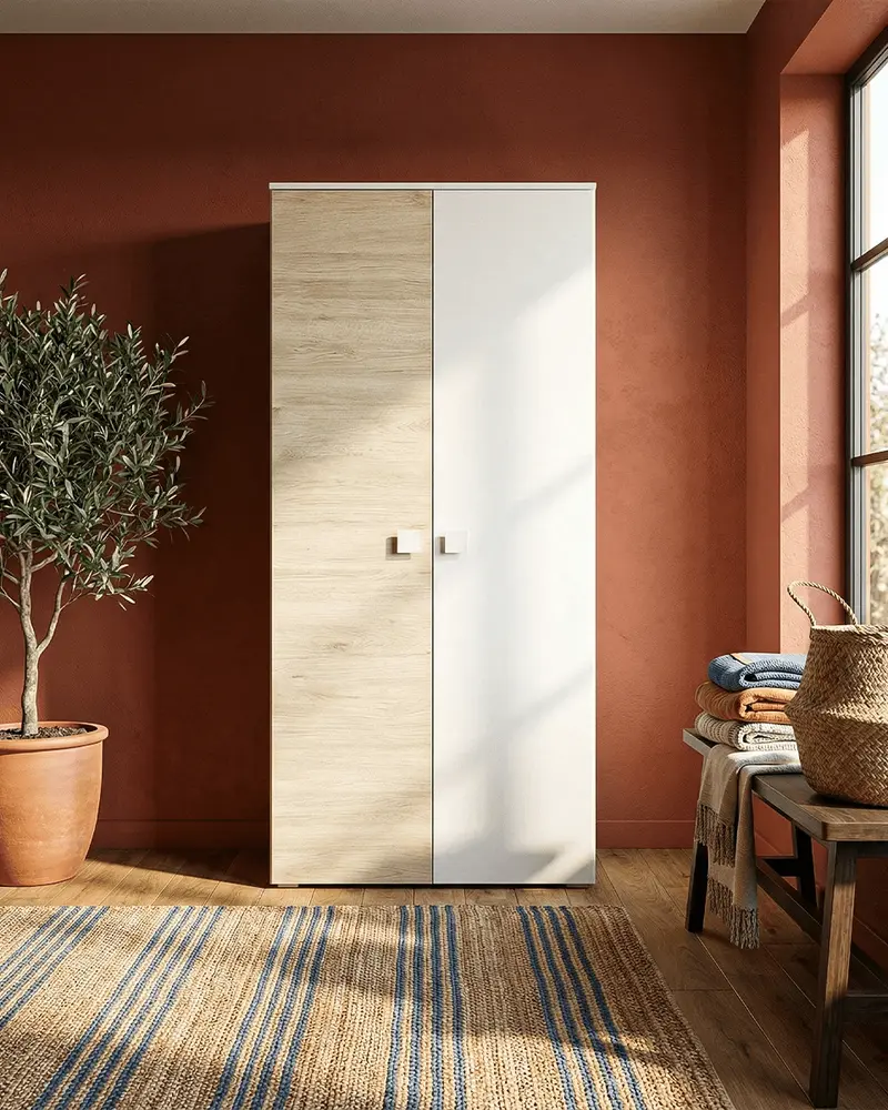 Armadio Bilbao - Guardaroba moderno - 2 ante - Struttura bianca/olmo - 4 ripiani inclusi - 90 x 205 x 52 cm