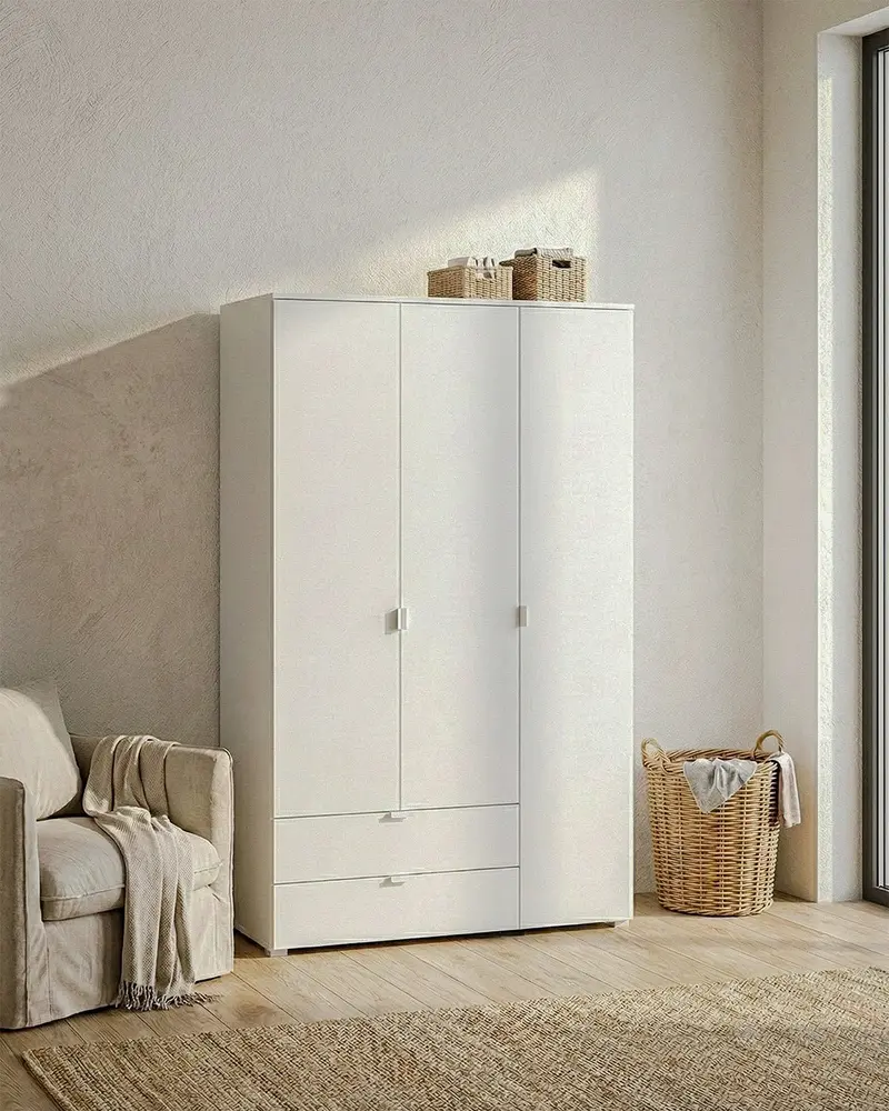Armadio Cycas - Guardaroba moderno - 3 ante e 2 cassetti - Struttura bianca - 2 ripiano incluso - 120 x 52 x 177 cm