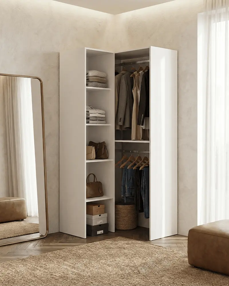 Armadio Hull - Guardaroba angolare a giorno - Struttura bianco - 5 ripiani inclusi - L. 79,5 x H. 185,5 x P. 88,5 cm