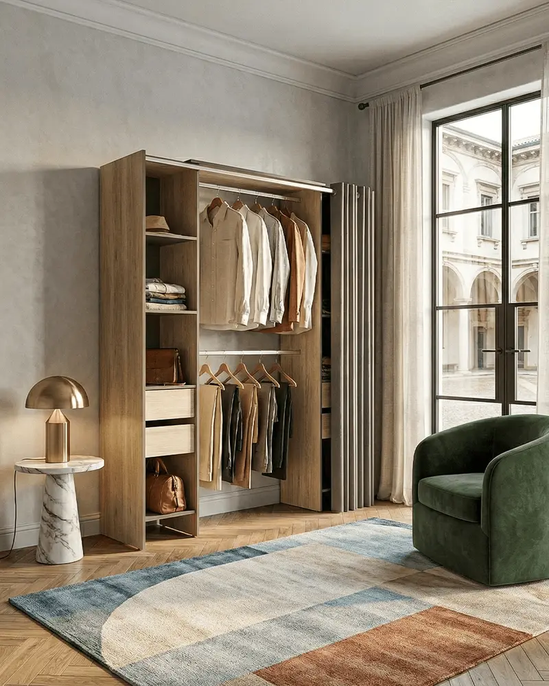 Armadio Londra - Guardaroba a giorno con tenda grigia - Struttura olmo/antracite - 8 ripiani e 4 cassetti inclusi - L. 177,5 x H. 205 x P. 50 cm