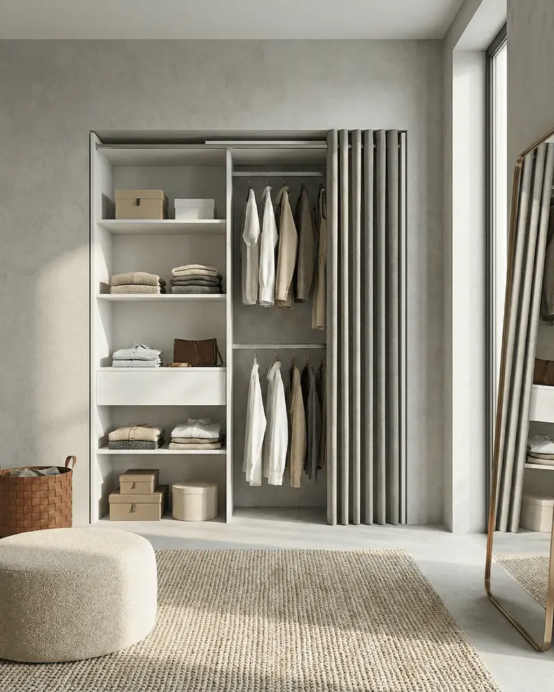 Armadio Luton - Guardaroba a giorno con tenda grigia - Struttura bianca - 4 ripiani e 1 cassetto inclusi - L. 110/160 x H. 205 x P. 50 cm