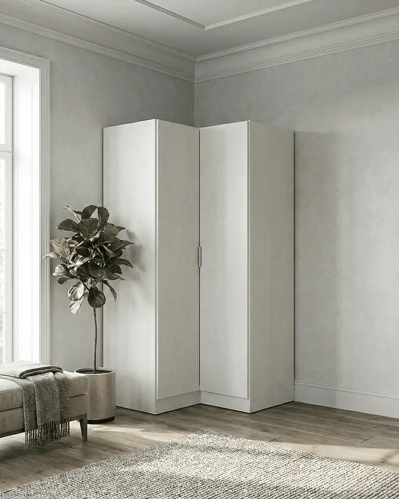 Armadio Michelle - Guardaroba ad angolo moderno - 2 ante - Struttura bianca - 5 ripiani inclusi - 90,5 x 184,2 x 92,5 cm