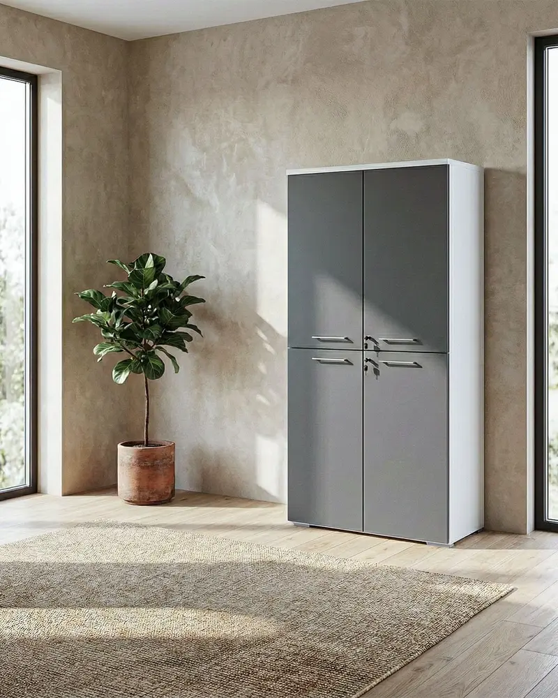 Armadio ufficio Oregon - Mobile archivio 4 ante con serratura - 3 mensole incluse - L. 90 x H. 160 x P. 42,5 cm – Bianco, ante personalizzabili