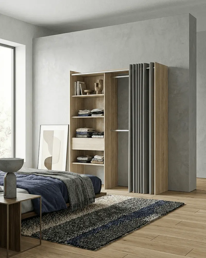 Armadio York - Guardaroba a giorno con tenda grigia - Struttura olmo - 4 ripiani e 1 cassetto inclusi - L. 110/160 x H. 205 x P. 50 cm