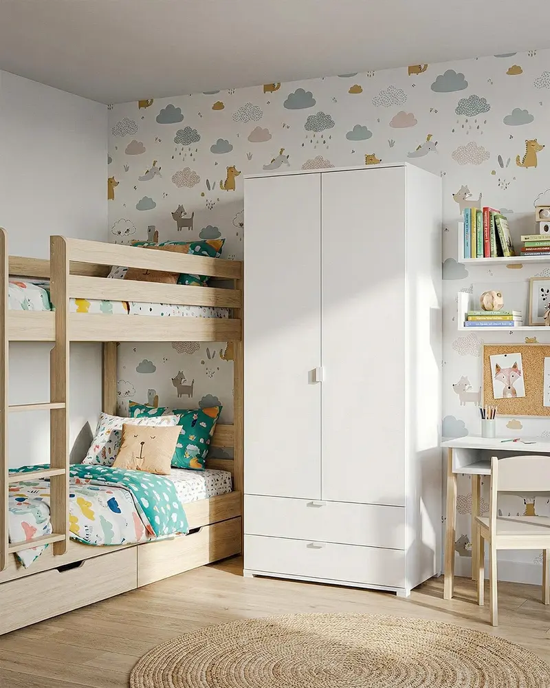 Armadio Zamia - Guardaroba moderno - 2 ante e 2 cassetti - Struttura bianca - 1 ripiano incluso - 80 x 52 x 177 cm