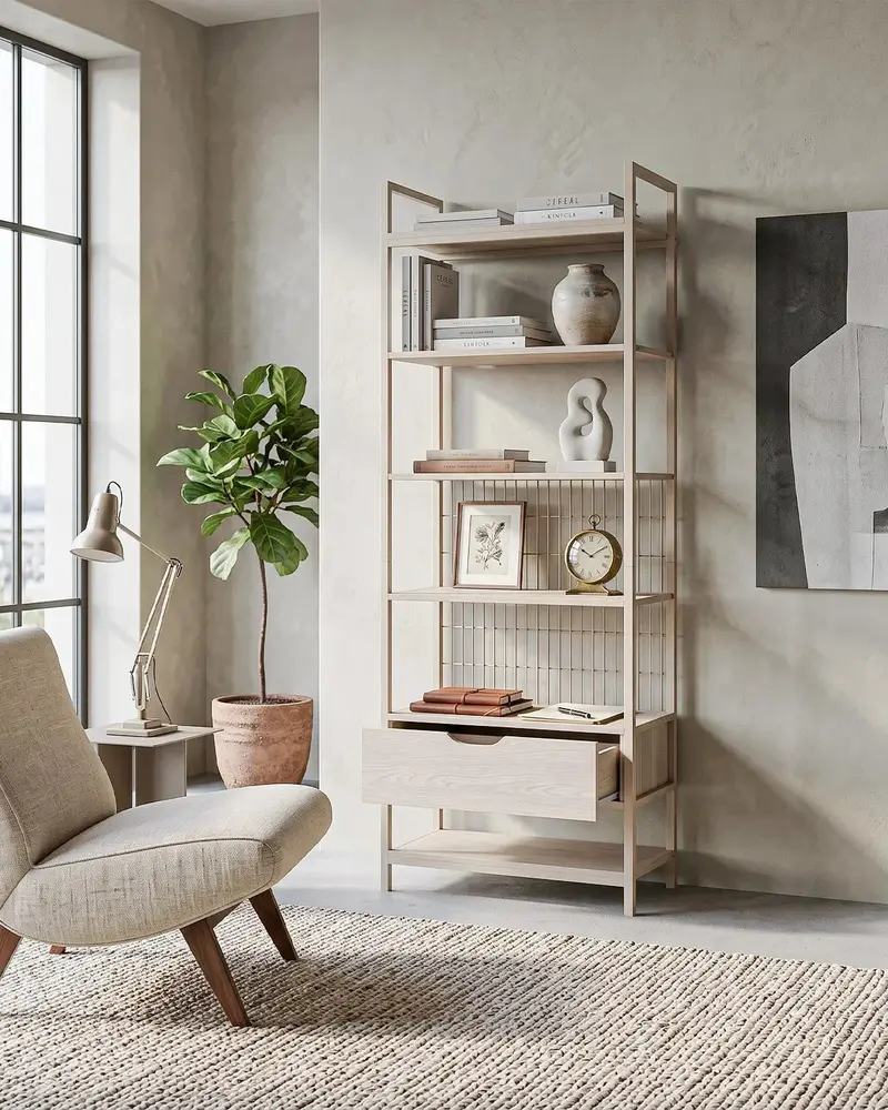 Atlas Loft Crema con 6 Ripiani e Cassetto – Rovere Naturale 60x40x179,5 cm