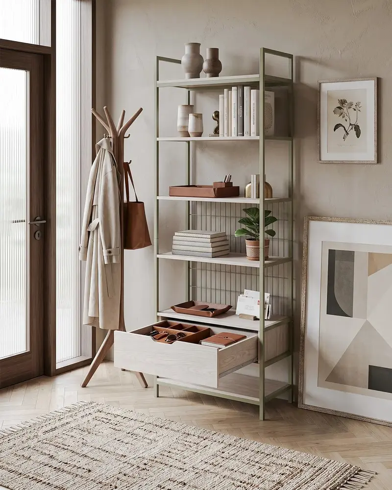 Atlas Loft Verde con 6 Ripiani e Cassetto – Rovere Naturale 60x40x179,5 cm