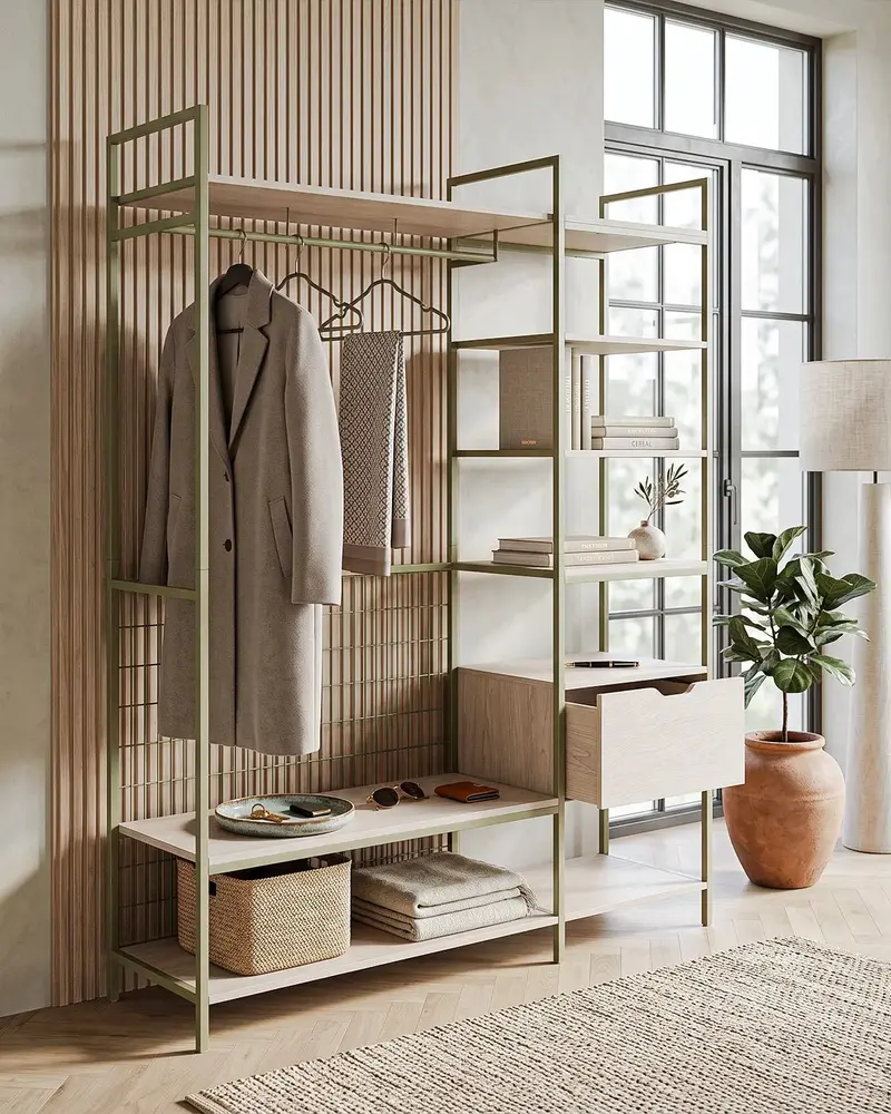 Atlas Shelf Verde con Ripiani e Cassetto – Rovere Naturale 140x40x179,5 cm