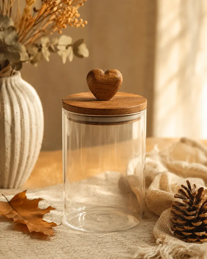 Barattolo in vetro medio con coperchio in legno, 900 ml, 10x10x16,5 cm