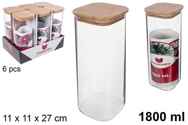 BARATTOLO QUADRATO BOROSILICATO COPERCHIO BAMBU 1.800 ML