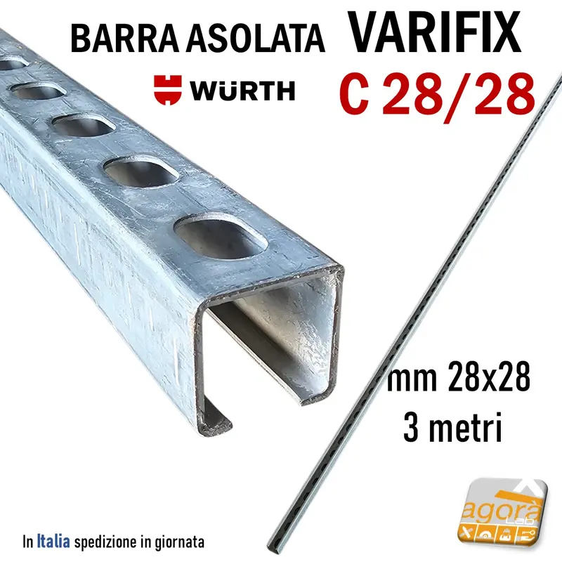 Barra asolata C mm 28x28 VARIFIX Acciaio Zincato Forata Wurth 3 metri profilato