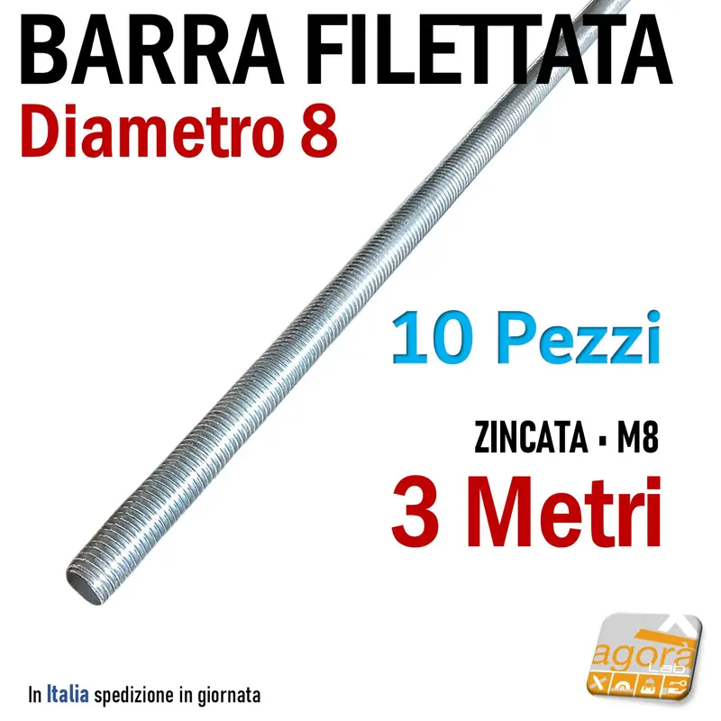 Barra Filettata M8 x 3000mm D8 Zincata Filetto Metrico M8 ZNB 300cm Pezzi 10
