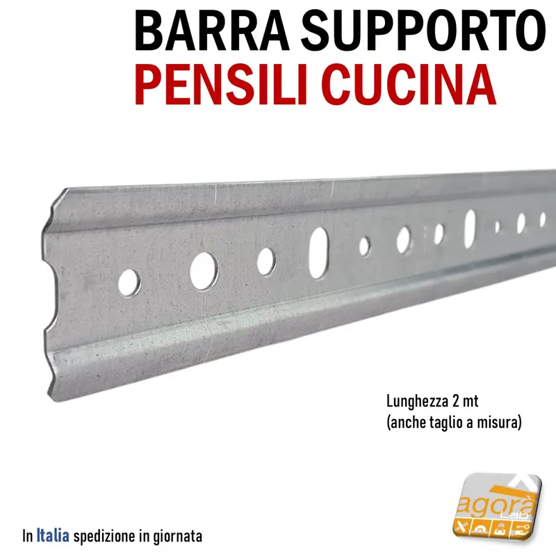 BARRA SUPPORTO PENSILI ATTACCAGLIA PROFILO FISSAGGIO PENSILE CUCINA A PARETE ACCIAIO 2 METRI