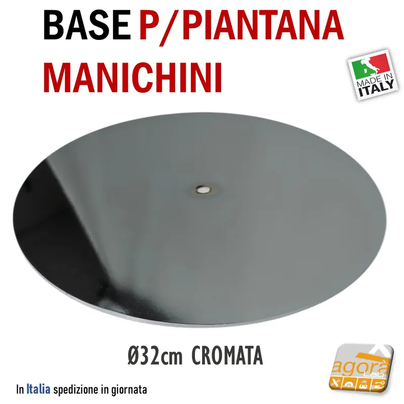 BASE PER SUPPORTO TUBO MANICHINO PER BUSTO DIAM 32CM FORO SVASATO CROMATA