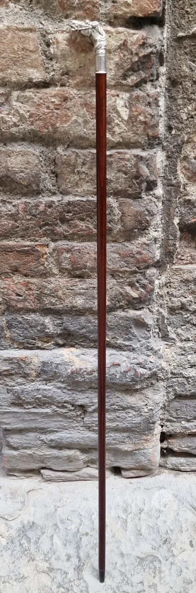 Bastone da passeggio in legno con manico in argento testa di cavallo inizio XX sec.