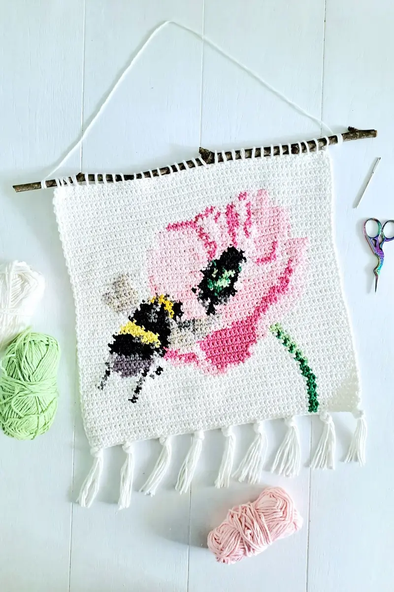 Bee and Flower Tapestry Crochet Wall Hanging Decor